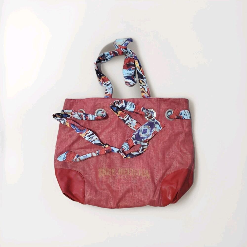 True Religion Fragrance Red Tote Bag Scarf Handle Boho Hippie Large Purse Y2K